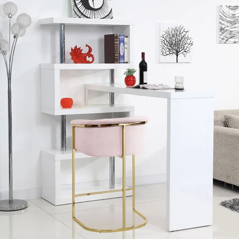 Cheap Modern Nordic Wrought Iron GoldPink Velvet Metal High Bar Stool With