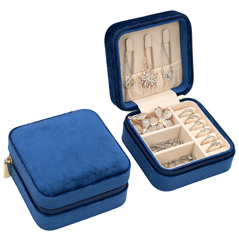 Custom Blue Velvet Ring Necklace Packaging Case With Zipper Travel Trinket Accessories Bracelet Jewelry Box  Leather