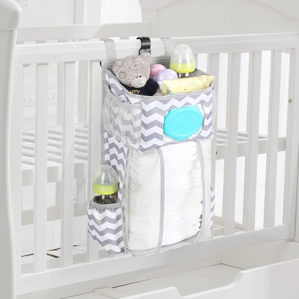 Latest New Gary Striped Oxford Cloth Pp Board Baby Hanging Baby Nursery Bedside Organizer With Mesh Bag