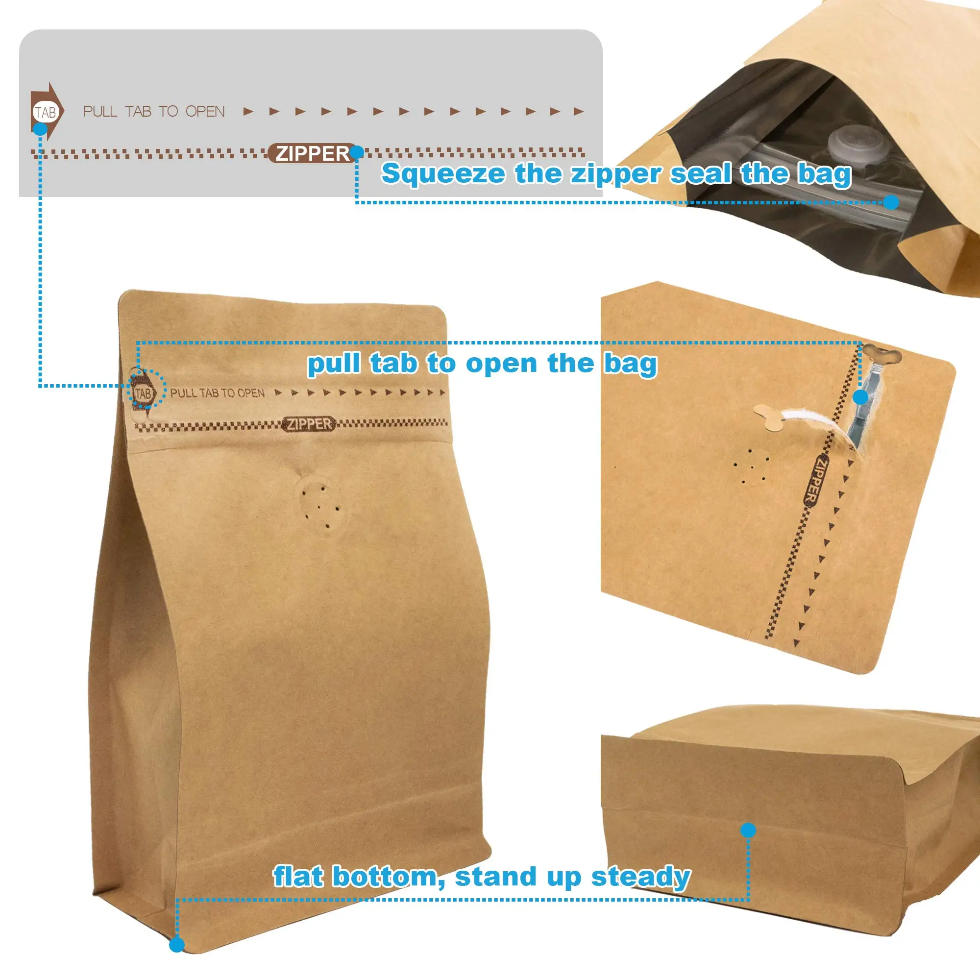 Flat Bottom Pull Tab Zipper compostable Natural Kraft coffee bags valve