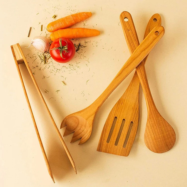 Kitchen cooking cherry wood nonstick cookware 4 pcs in 1 set wooden cooking utensils set