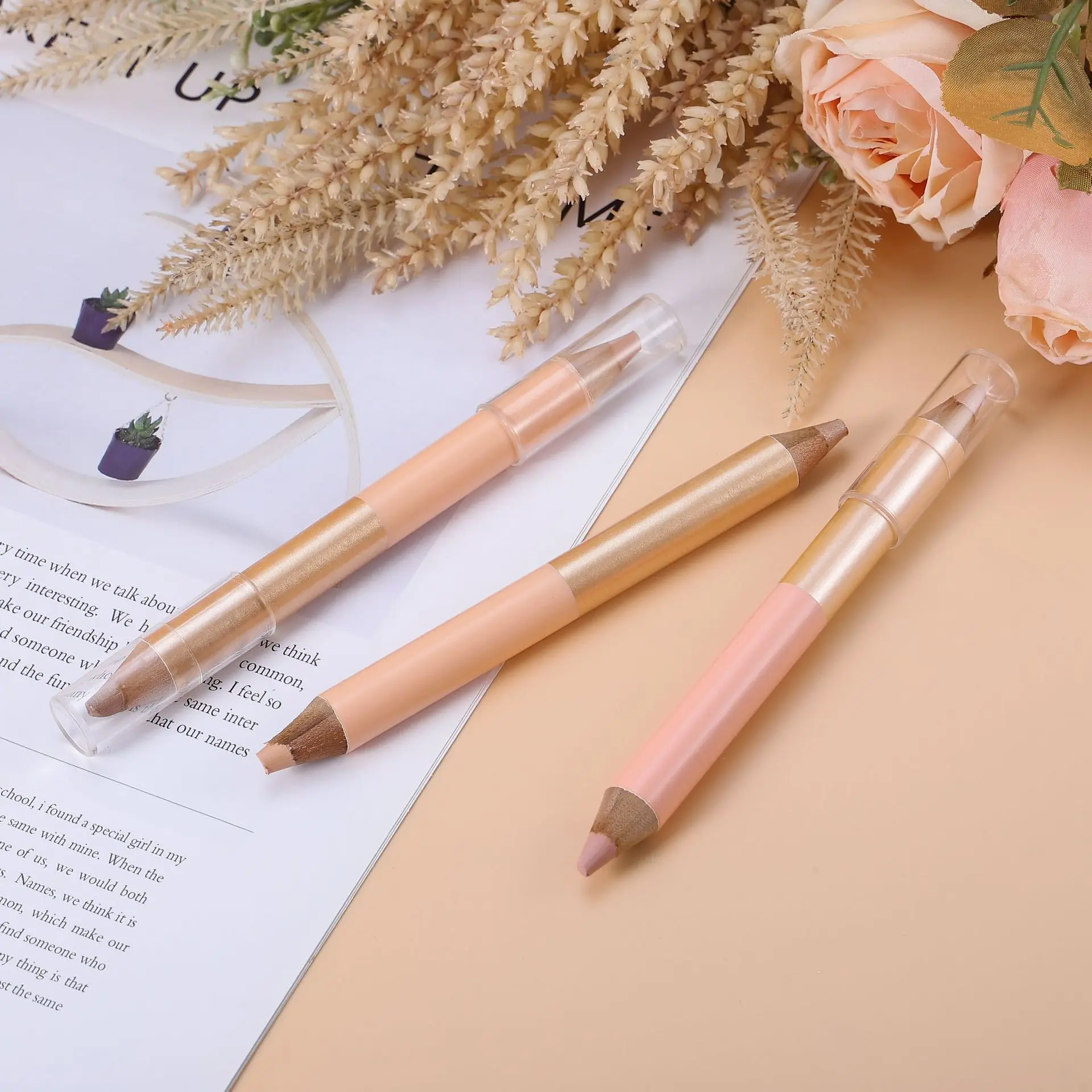 Wholesale Cosmetics Double Head Private Label Dual End Wooden Eyebrow Pencil Highlighter Pen Eyebrow Bone Pen