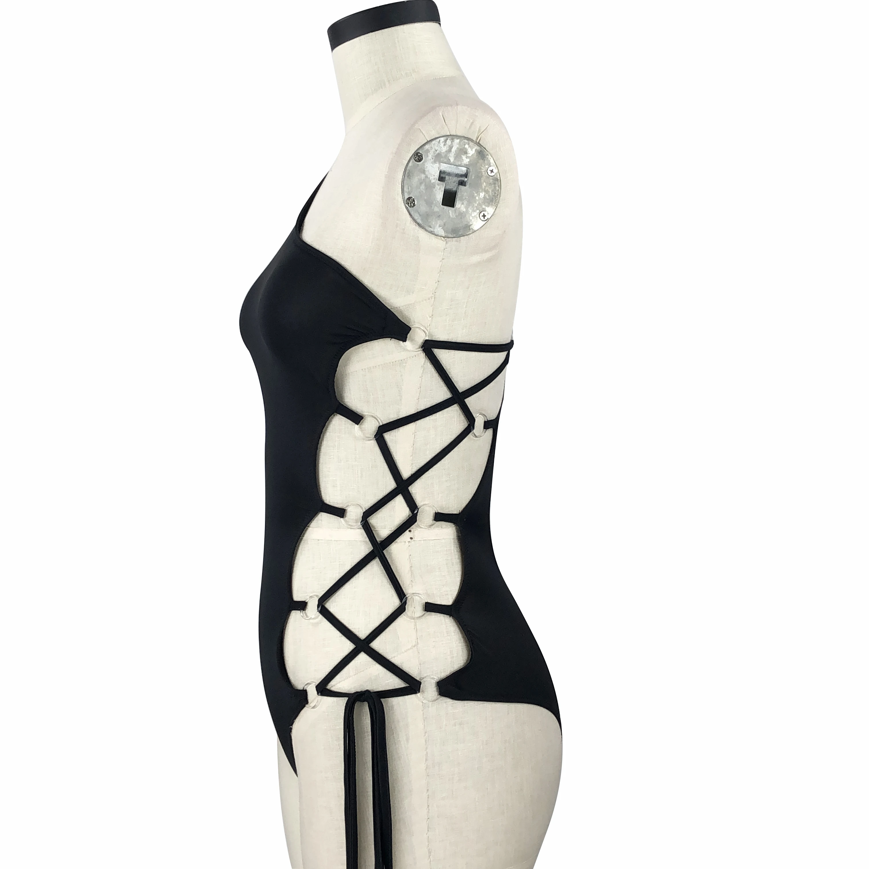 Yuehui Sexy deep V halter strap Women One-Piece Letter Bikini Push-Up Pad Swimwear Bandage Swimsuit Beachwear