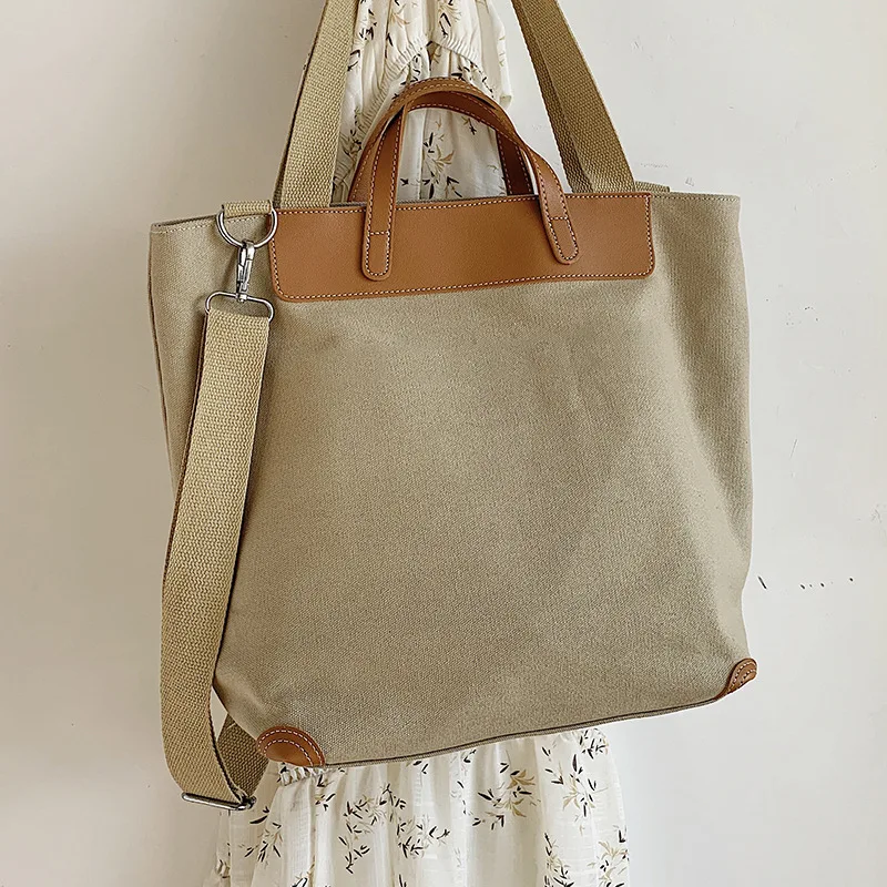 Fashion Zipper Leather Handles Canvas Handbag Tote Bag Ladies Women Handbag Canvas and Leather Tote Bag
