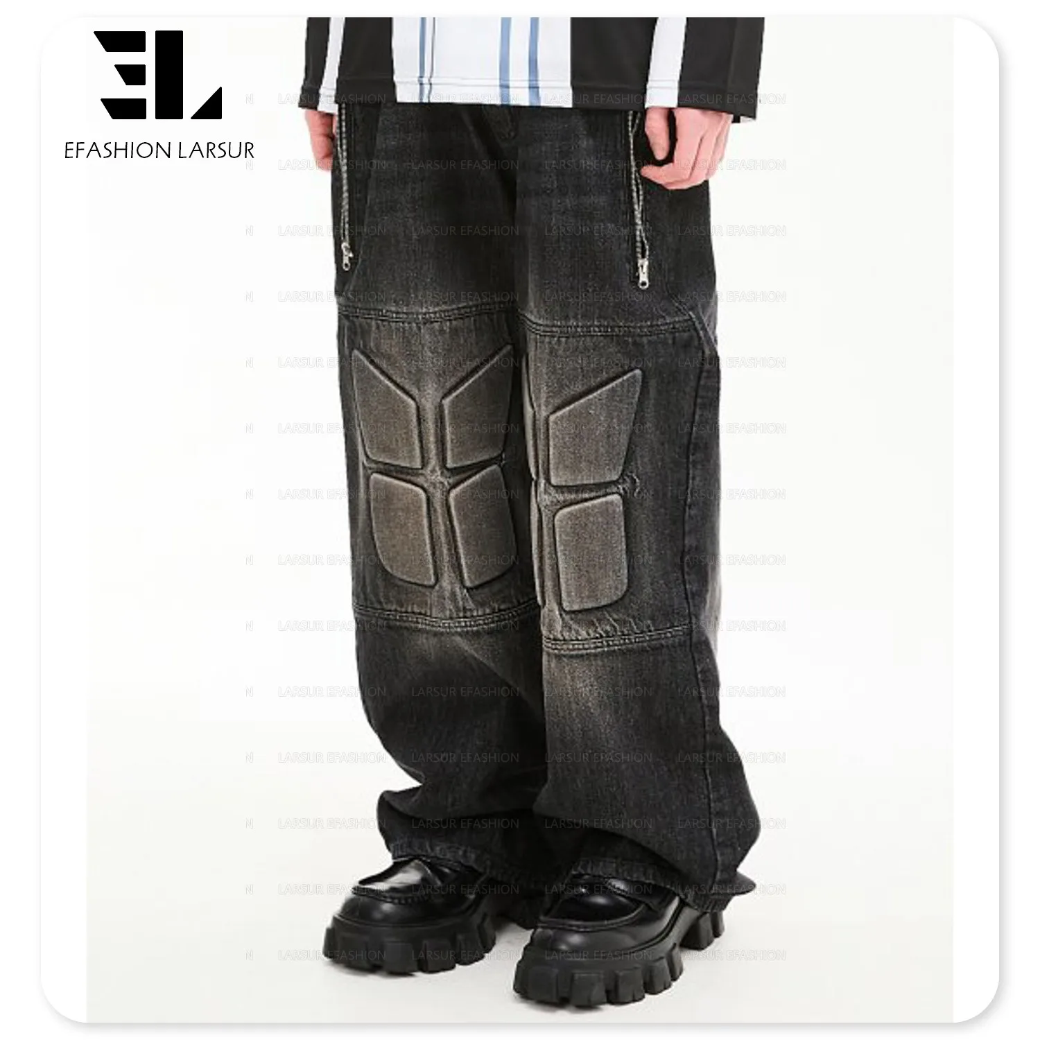 LARSUR Custom factory 3D embroidery knee quilted patch knee biker cargo jeans straight embossed padded moto biker denim pants