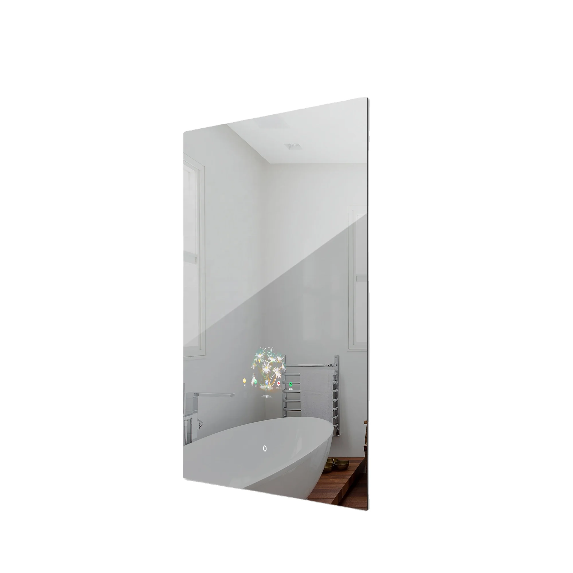 Rectangle smart bathroom mirror capacitive touch display for video TV audio music IoT smart home control and weather