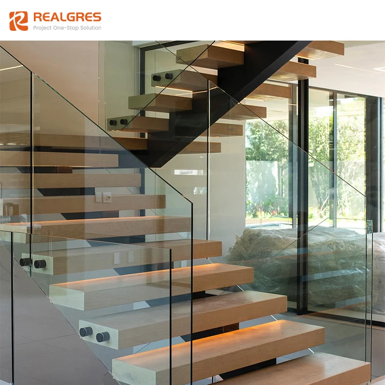 Realgres Modern High End Indoor Double Stringer Steel Wood U Shape Float Stair Design With Glass Rail