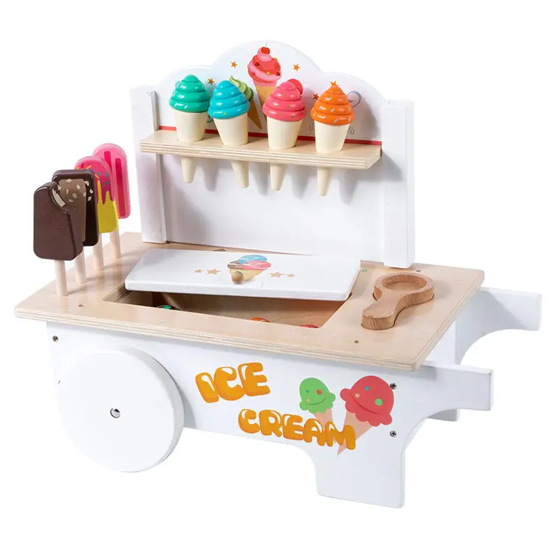 Simulation Ice Cream Truck Girl Shopping Cart Toy Supermarket Cart Wooden Toy ice cream cart