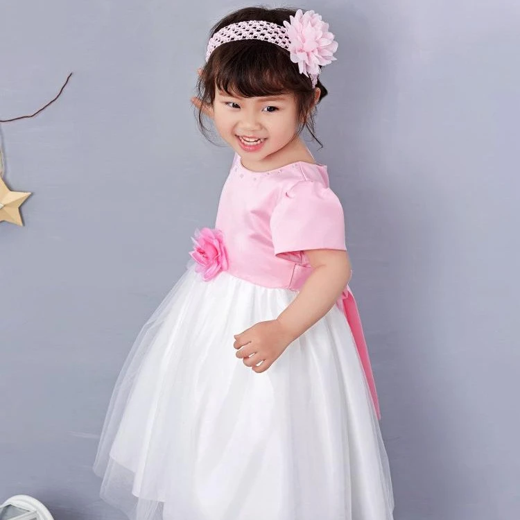 Korean Clothing Store Newborn Babyies Clothes Lovely Pink Gown Party Dress With Hair Band For Kids