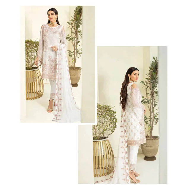 
Light Pink Pakistani Embroidered Dress With Light Blue Thread Paired With Chiffon Dupatta 