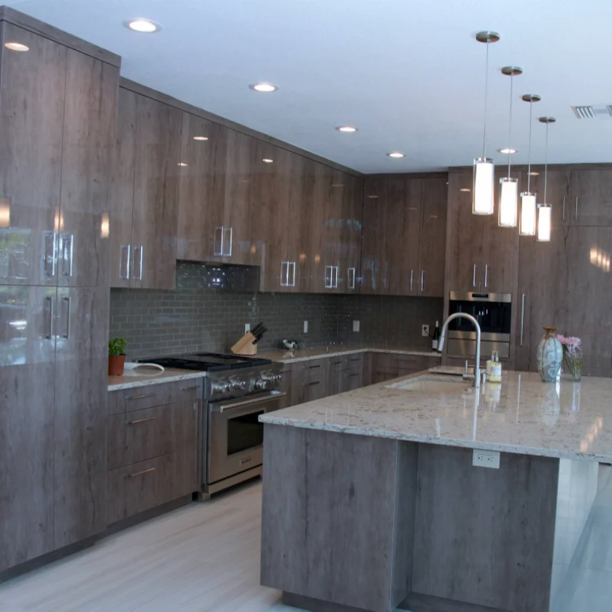 Modern Gray Glossy Kitchen Cabinet Large Island Custom Kitchen Cabinet Furniture Made In China
