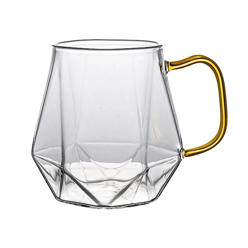Diamond Design Crystal Glass Clear Transparent Tea Glasses Mugs for Hot Espresso Liquor Glass Coffee Mugs with Handle 12oz