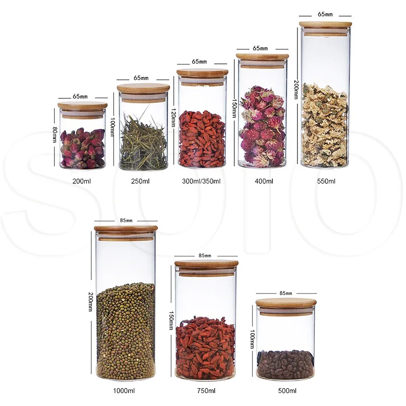 
premium quality high borosilicate glass bottle kitchen food storage canister container glass jars with bamboo lid 