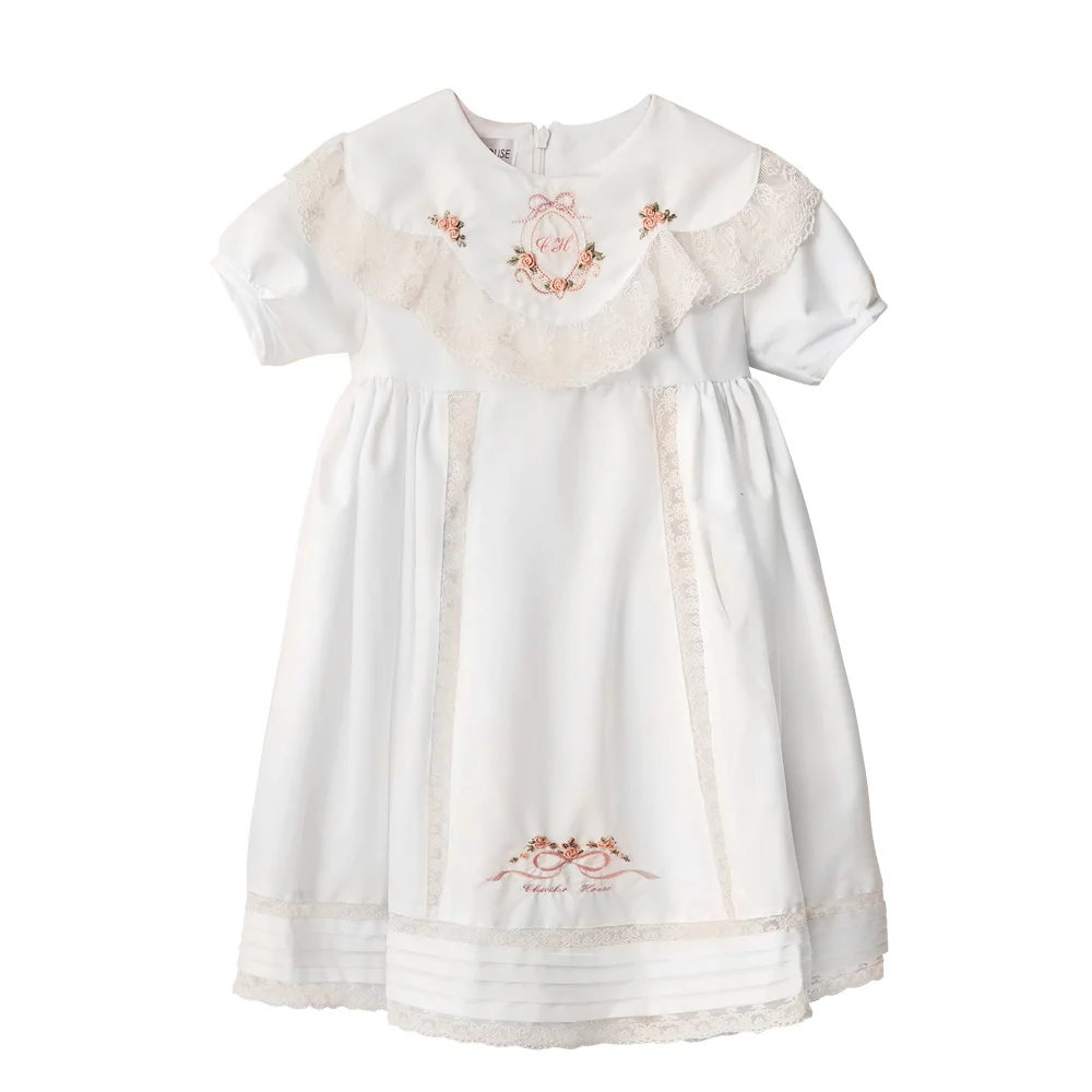 Summer Connect Lace Hand Embroidery Flower, Baby Girl Customize Vintage Dress White Short Sleeves For Occasion - Eudora Dress