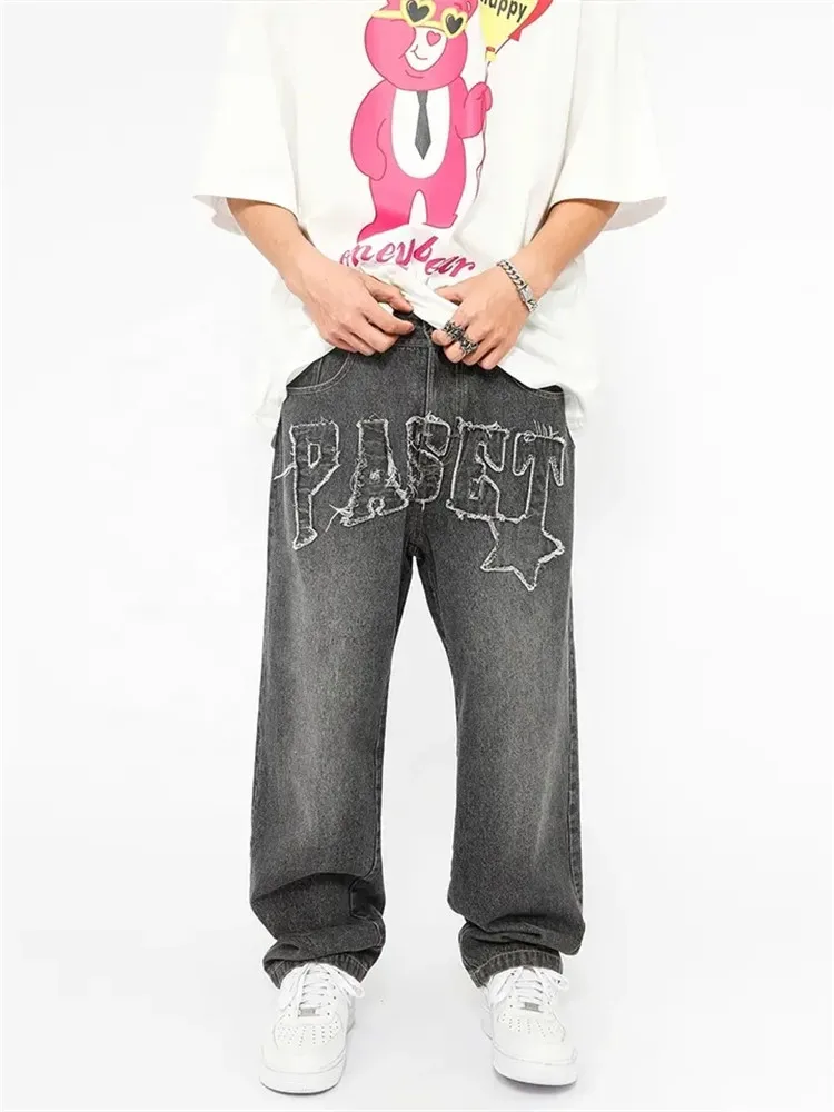 ZY Custom Logo Acid Wash Men Jeans Wide Leg Baggy Jeans Embroidery Patch Denim Pants Trousers for Men