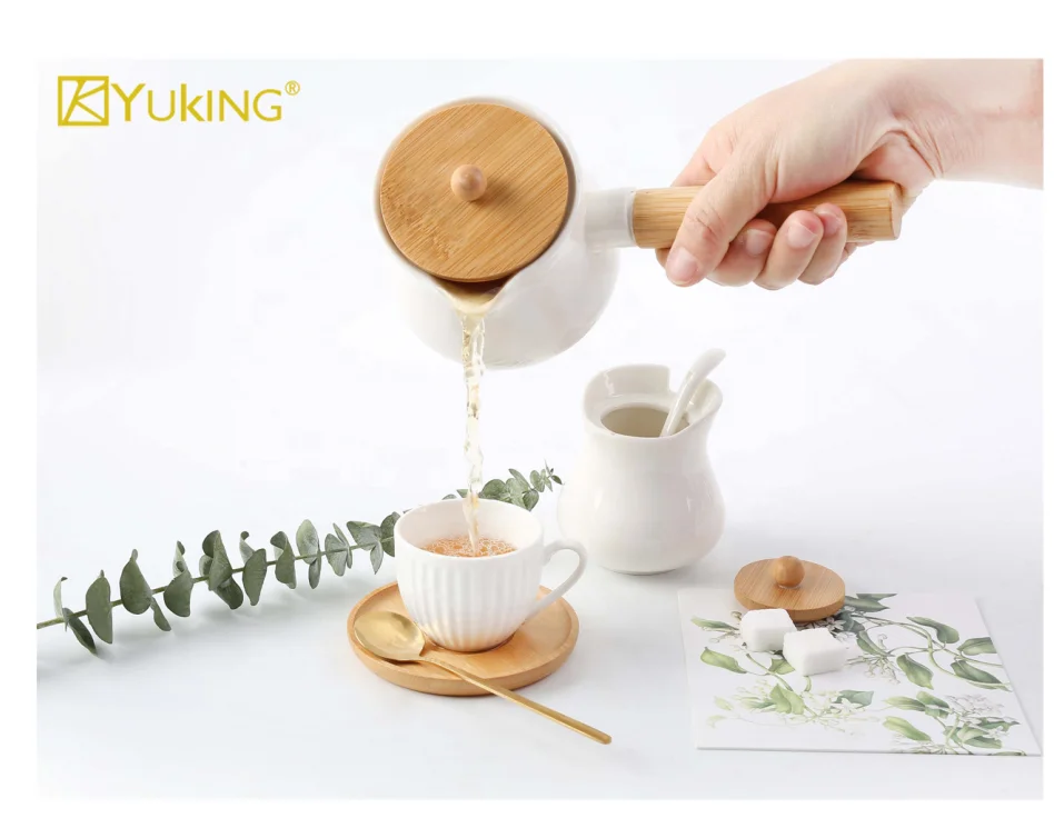 New Bone China Coffeepot Coffee Set With Bamboo Saucer Tea Set Tableware