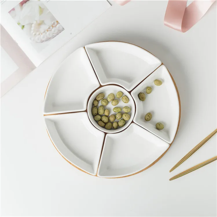 Dinnerware restaurant plate sets cheap 6 compartment round divided ceramic dishes plates with bamboo base