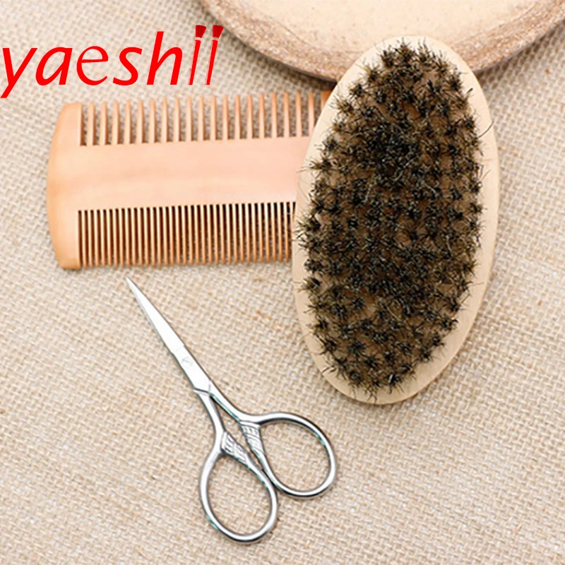 Yaeshii 3Pcs/set Beard Brush Kit Set beard comb brush Boar Bristle Shaving beard brush wooden
