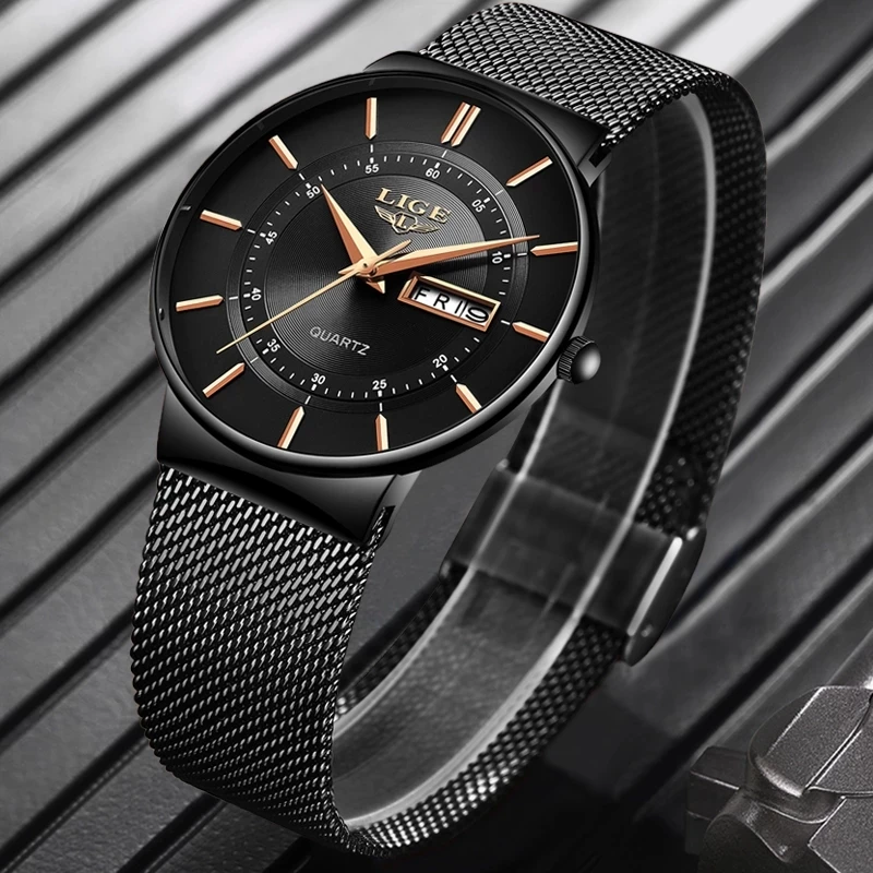 LIGE 9949 low price high quality men quartz watch Chronograph PU leather band Waterproof Mesh Strap water proof in stock