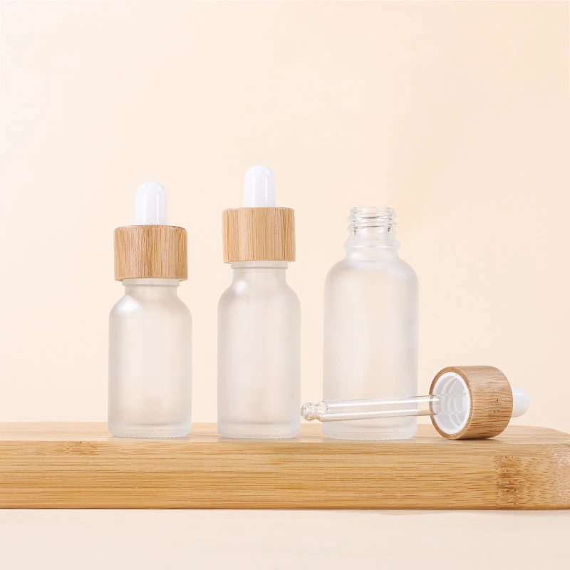 custom logo real bamboo cap white frosted glass oil bamboo dropper bottle serum bottle