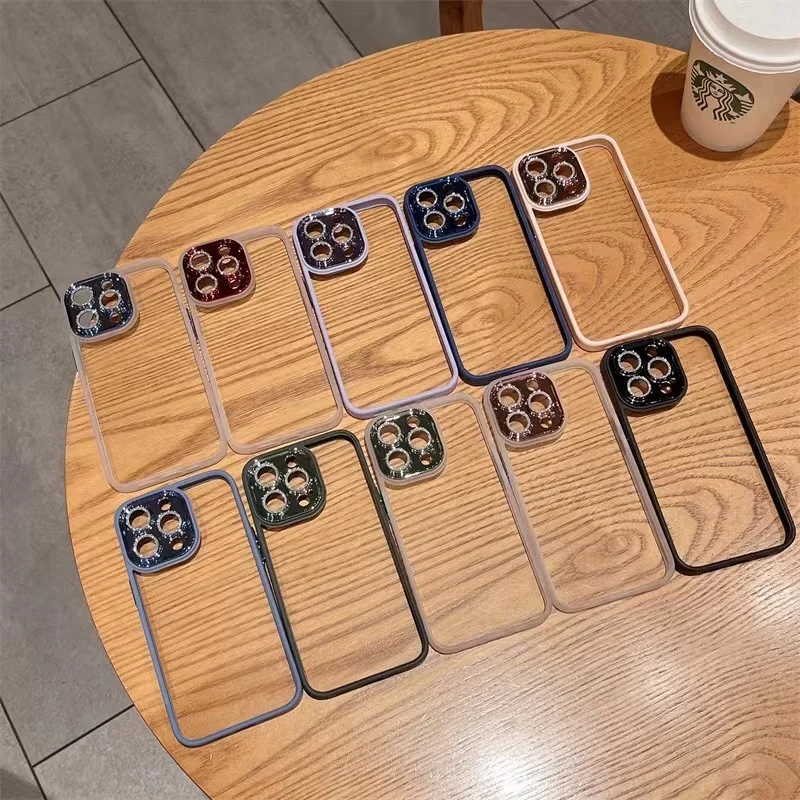 For iPhone11 12 13 Pro Max soft transparent shiny PC acrylic plating case with crystal diamond bumper transparent protective cas