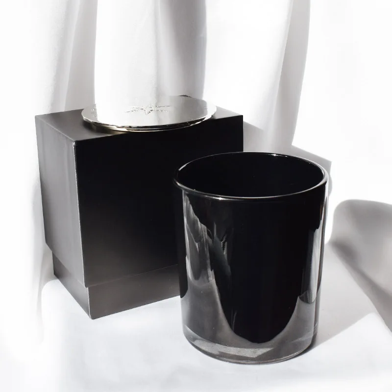 12oz Black Candle Jars with Zinc Alloy Silver Thin Lid with Custom Engraved logo and Gift Rigid Cardboard Black Boxes Packaging
