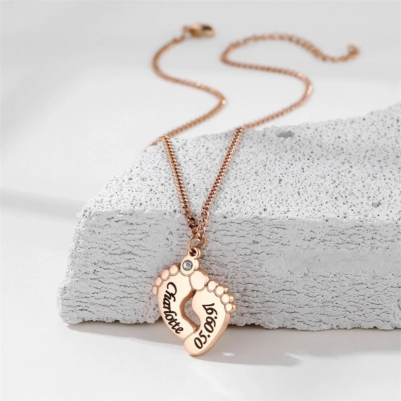 YWLY Personalized Name Engraved Foot print Pendant DIY Custom Stainless Steel Date Letter Necklaces Gift For Girl Birthday