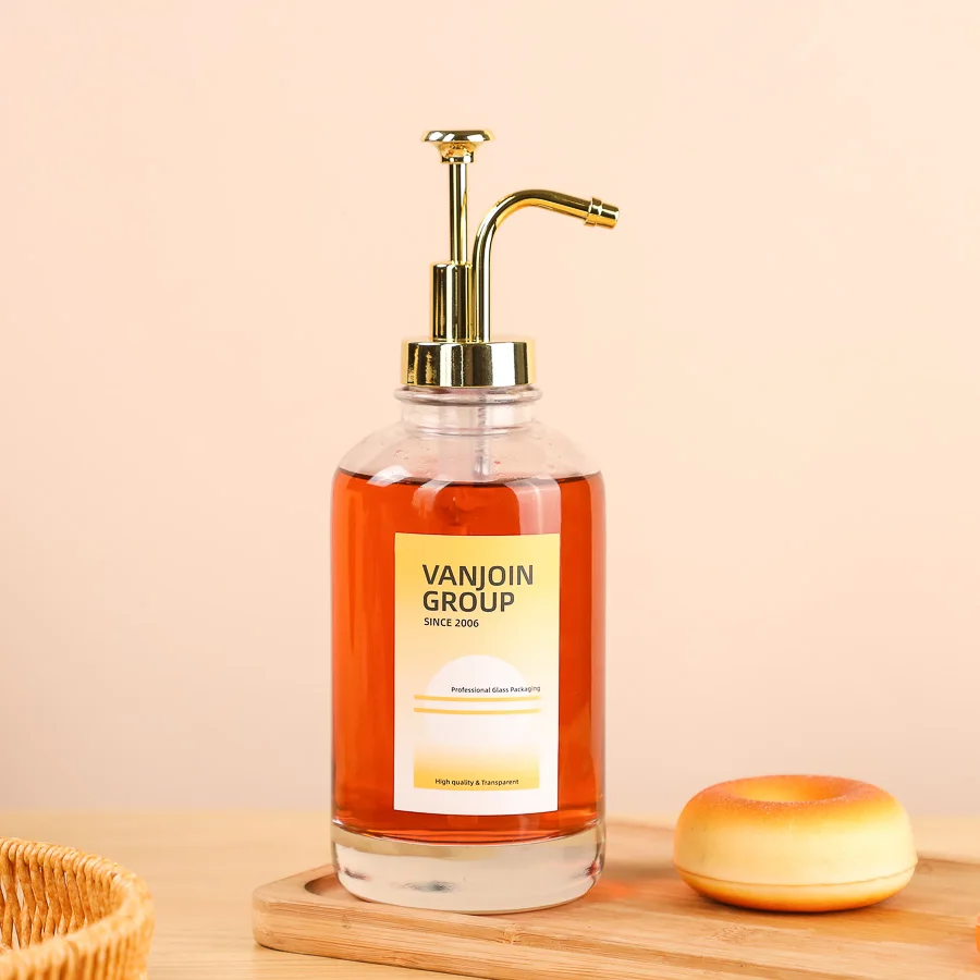 Refillable 16oz High Flint Thick Glass Liquid Soap Dispenser With Gold Rustproof Pump Lid Dish Soap Dispenser For Kitchen
