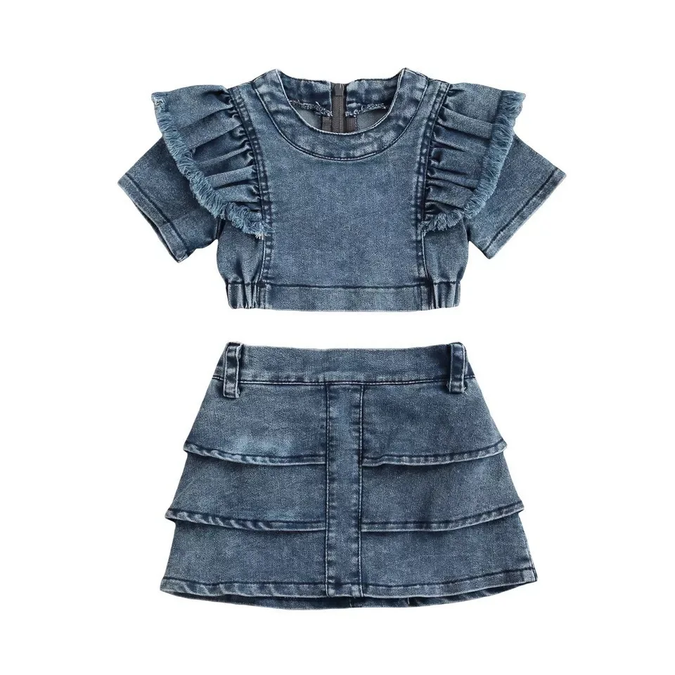 Conyson high quality Latest korea Fashion Style Toddler Girl t-shirt Short Skirt clothes suit Kids denim 2 pieces clothing Set