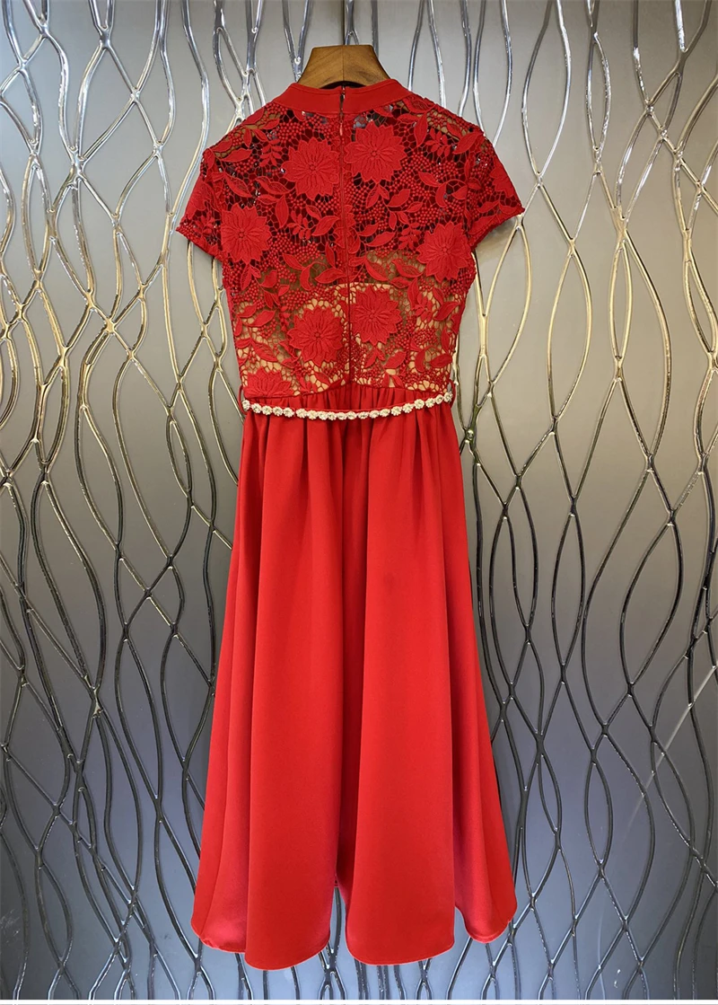 Top Quality New 2023 Spring Dress Women Bow Collar Crochet Lace Embroidery Beading Deco Short Sleeve Mid-Calf Length Red Dress