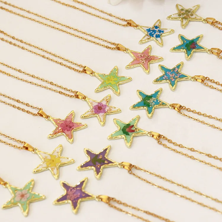 New Arrival Dried Flower Pendant Necklace Eternal Real Flower Star Shaped Necklace For Lady