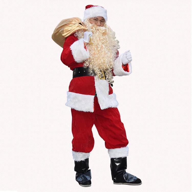 Promotion Ultra Velvet 10pcs-set Men Christmas Suit Costume Cosplay Santa Claus Suit with Beard and Wig