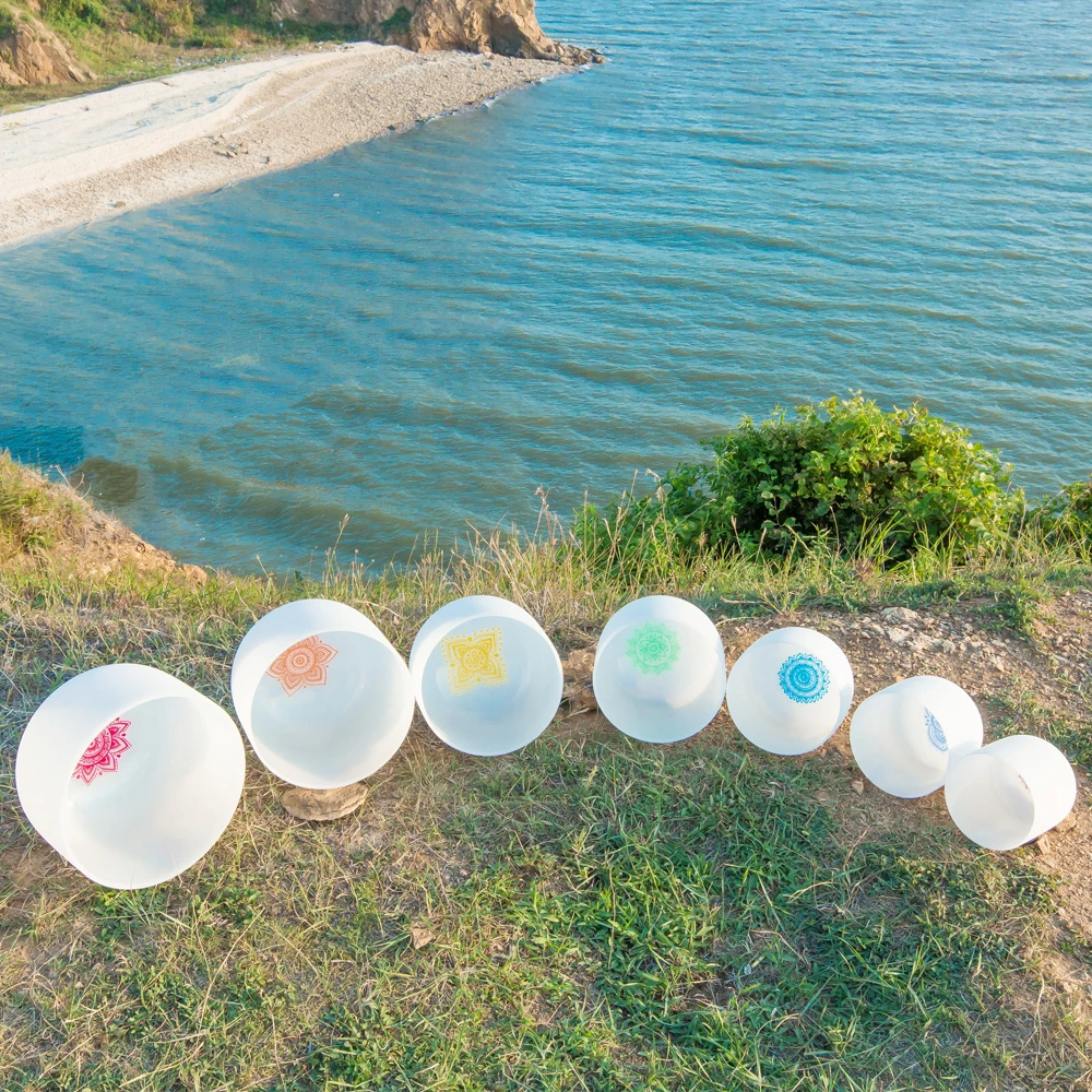 Frosted Quartz Healing Bowl with bag Wholesale 7pcs Crystal Singing Bowl sound healing chakra bowl set