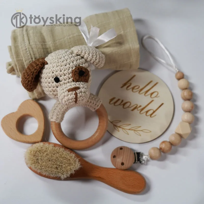 Infant Bath Cotton Muslin towel Customized Newborn Baby Wood Silicone Shower Gift Set 100% Handmade Crochet Puppy Dog Rattle