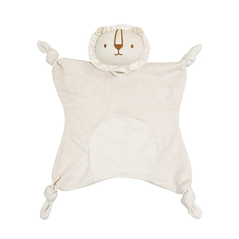 Beige stripe yarn blank bear head 100% organic cotton flannel receiving unisex baby security blanket jersey knit