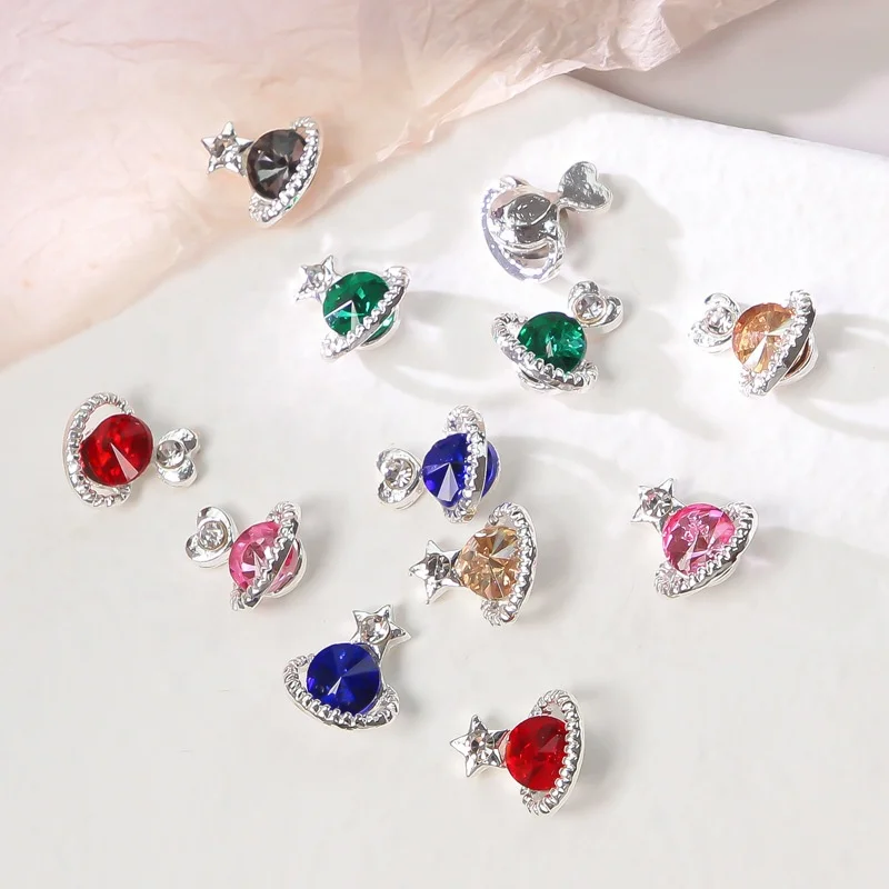 Hot Sale Red Black Green Purple Pink Rhinestones Manicure Art 3D Jewelry Metal Alloy Zircon Planet Nail Charms For Nail Beauty