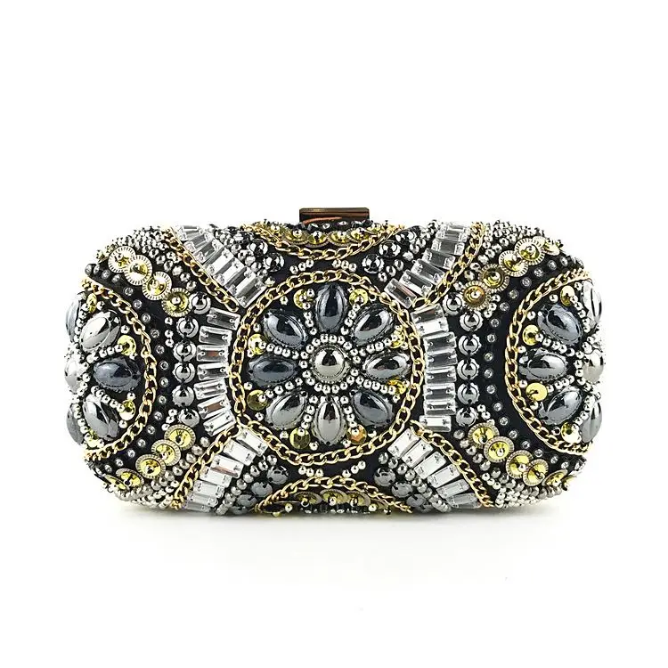 
High Quality Fashion Women Clutch Bag Crystal Clutch Evening Bags Designer Evening India Stone Beaded Bag With Metal Frame Strap 