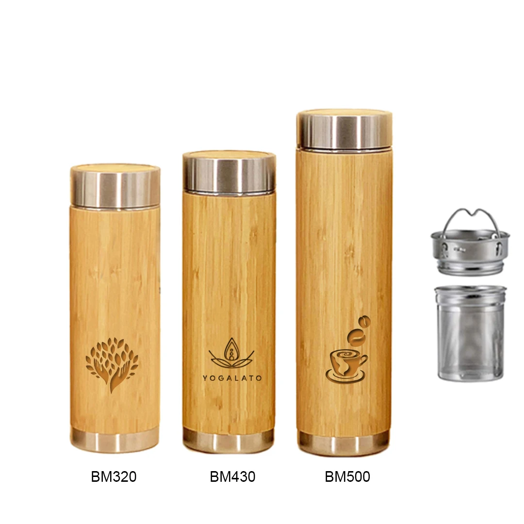 450ml 500ml 304 100% natural stainless steel bamboo tumbler with infuser strainer