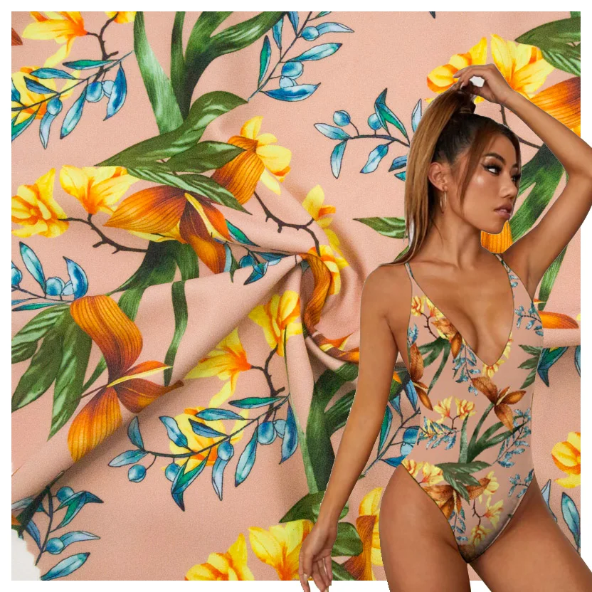 factory bathing suit tropical printing nylon custom designs 4 way stretch printed fabric with leaves and flower