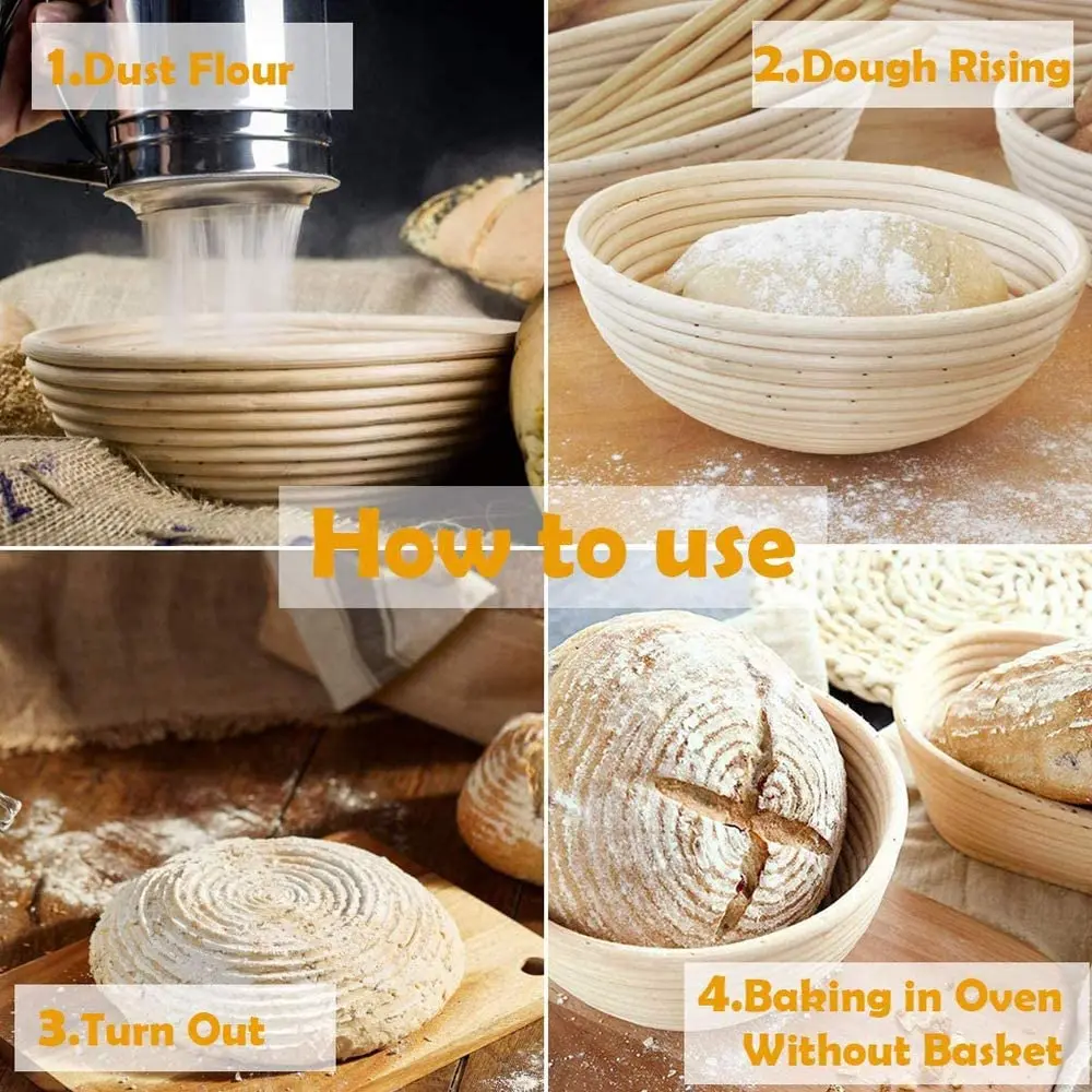 Eco friendly Natural Rattan Round bread proofing basket set with liner dough scraper cleaning brush dough whisk for home baker