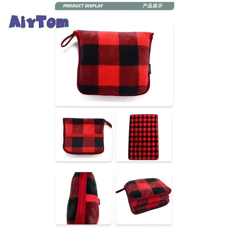 Wholesale coral fleece plaid and solid color 2 in 1 portable blanket and pillow travel throw blanket set for trip
