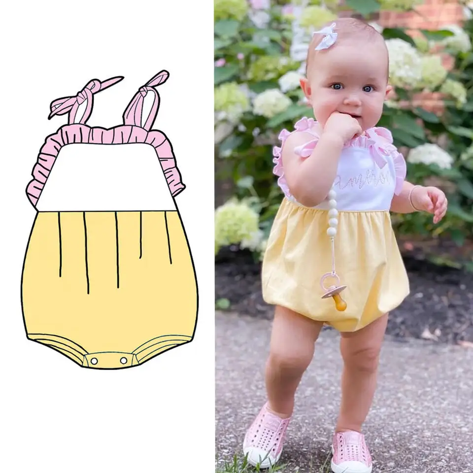 Custom embroidery baby girl sunsuit color block pink aqua bubble romper  infant baby  onesie 95% knitted cotton baby clothes