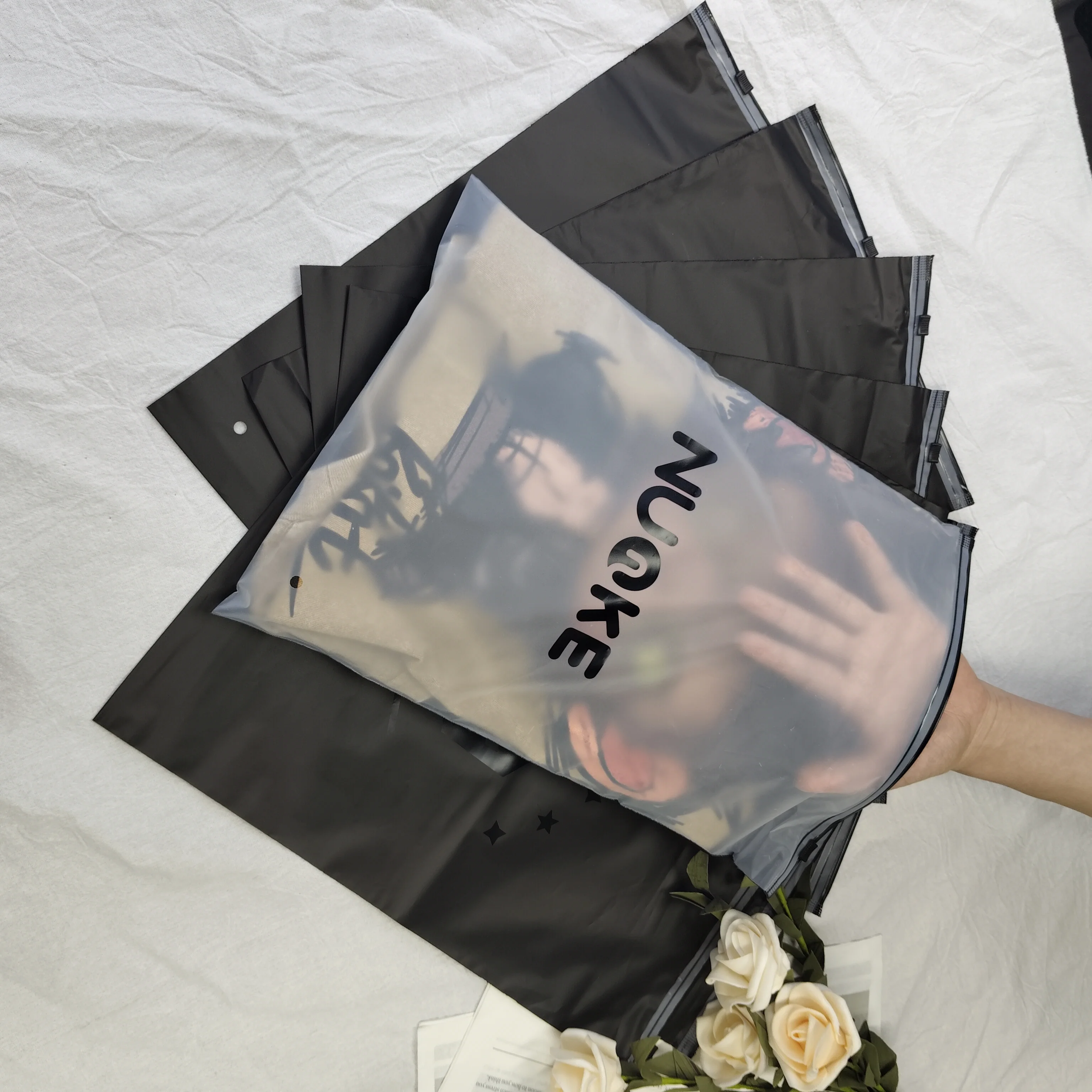 Custom own logo printed clothing garment clothes t shirt packing  zipper frosted plastic packaging bag