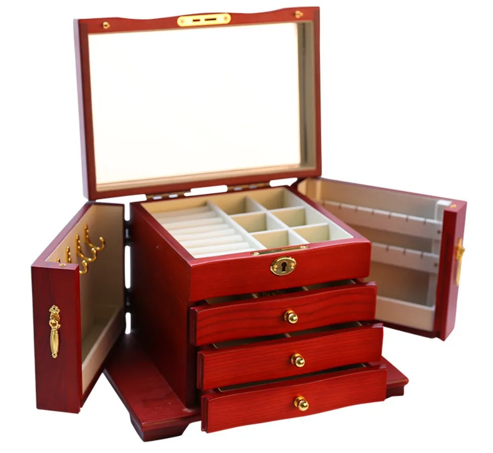 High-grade Wooden Jewelry Box Case with Lock and Mirror Ring Bracelet Necklace Storage Organizer Packaging Jewelry Gift Box