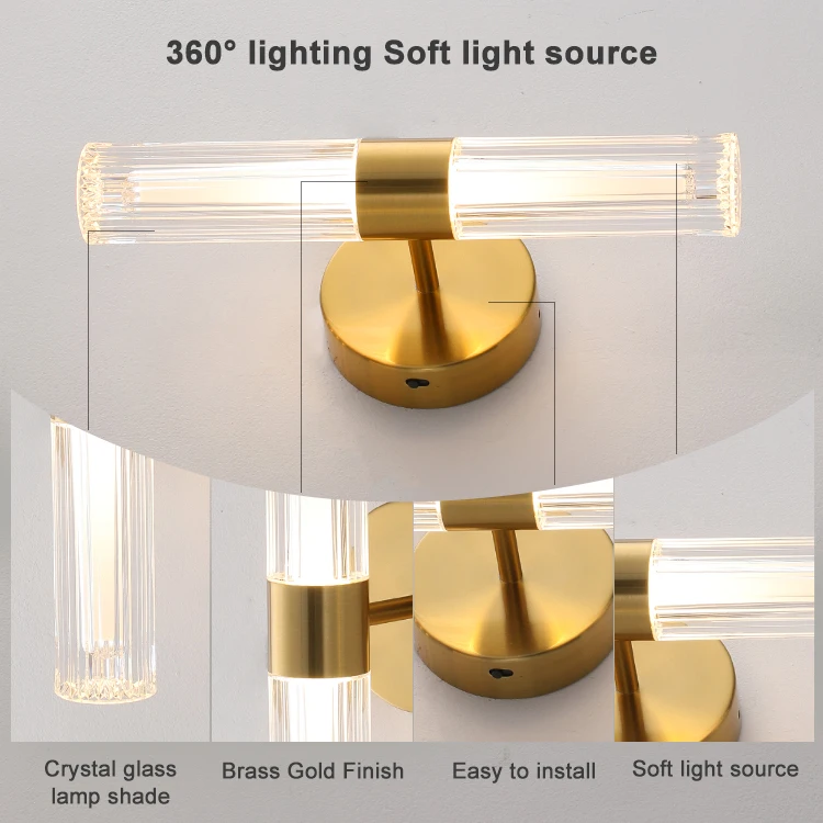 High Quality Luxury Design Decorative Wall Surface Mounted Mirror Front Light Gold Copper Color Retro Acrylic Led Wall Lamp