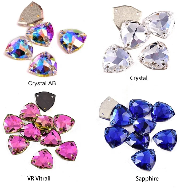Oleeya 5A Top Quality Crystal Glass Sew On Rhinestones Flatback Over 20 Colors Fat Triangle Sew On Crystals Costume Decoration