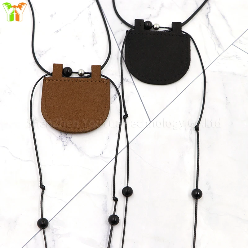 Leather Necklace Mini Crescent Shape Earphone Bag with Hanging Lanyard Necklace with Mini Storage Pouch