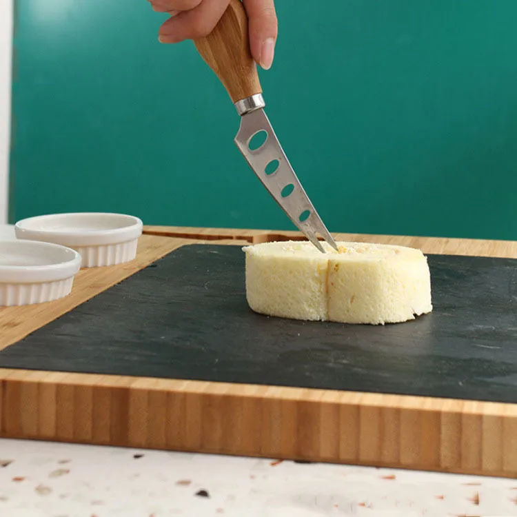 3 Ceramic Sauce Dishes Black Slate Stone Barbecue Dessert Cheese Western Steak Plate Serving Board with Bamboo Tray