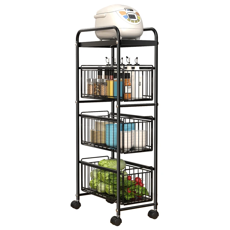 Black 4 tier rolling storage mesh baskets kitchen bathroom organizers shelf rack kitchen utility trolley cart with wheels