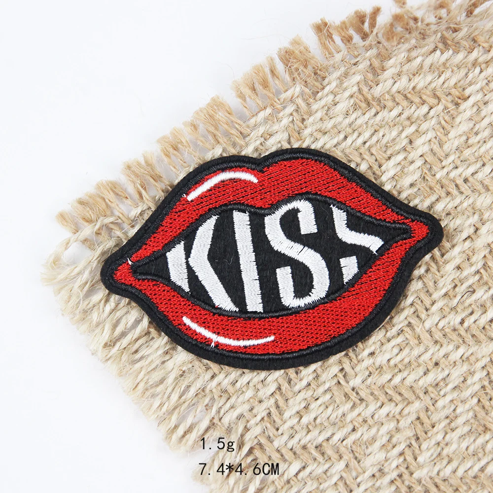 hot sale custom sexy red pink color kiss mouth lips embroidery felt iron on patches for clothes bag